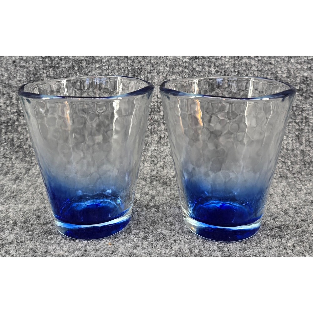 Bormioli Rocco Sorgente Glasses Set of 2 Cobalt Blue Hammered Murano Italy 14oz
